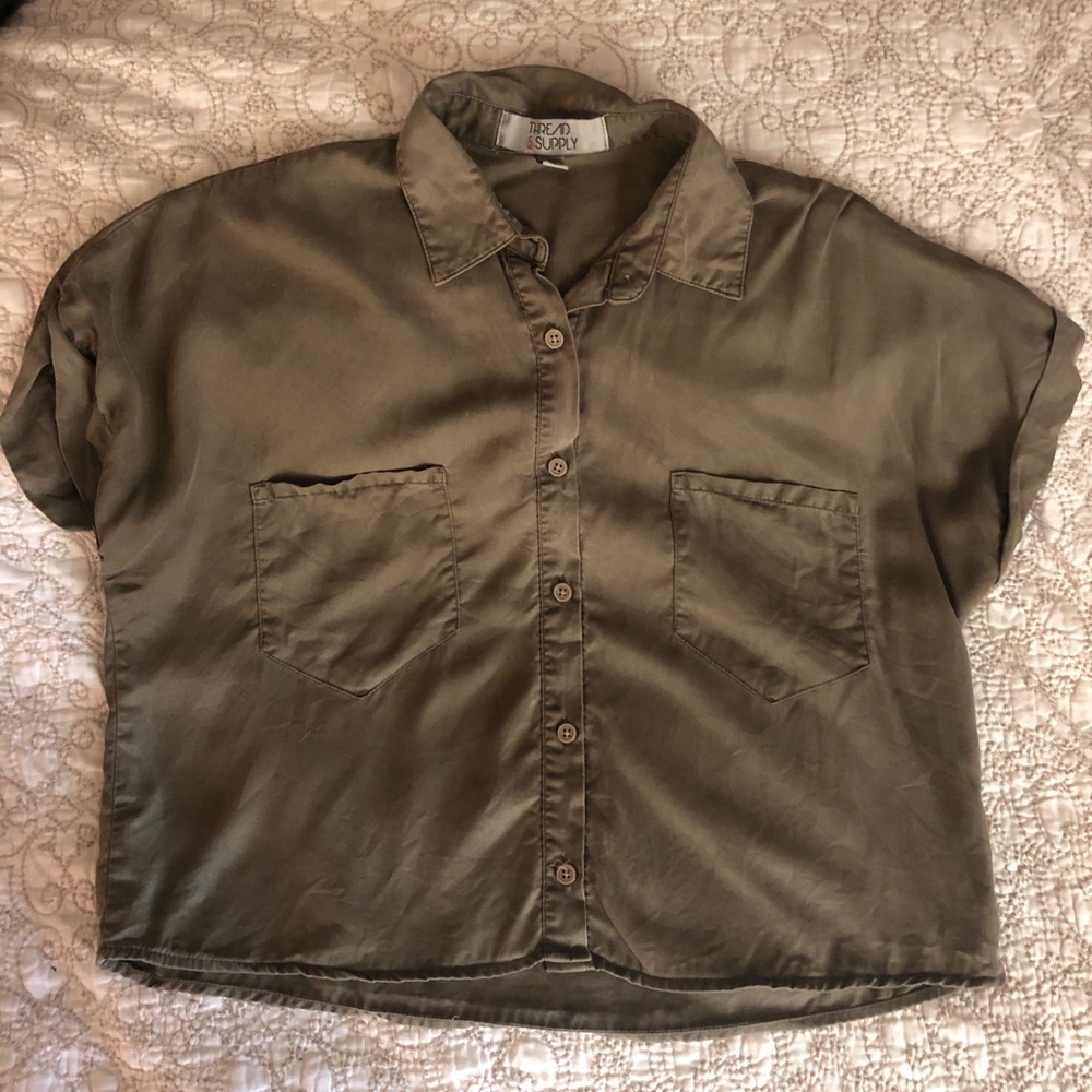 Cropped Olive Button-up Shirt